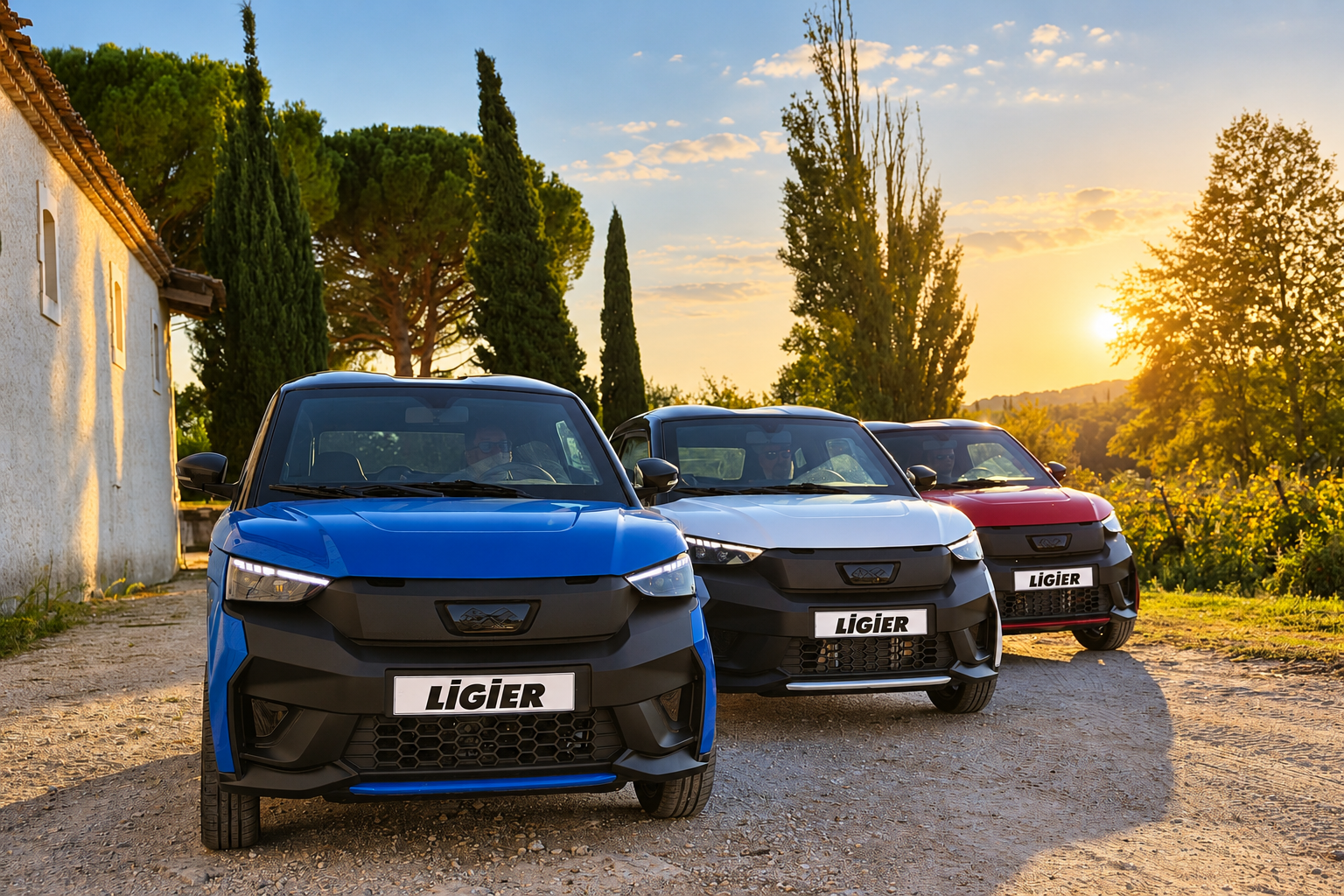 Drie Ligier JS60’s in warm avondlicht kopie